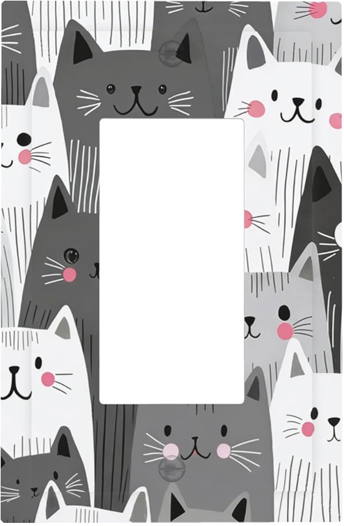 Playful Monochrome Cats with Blush Cheeks Single Rocker Switch Cover - 1-Gang Standard US Size Funny Cat Light Switch Covers for Boys & Girls Bedroom Decor