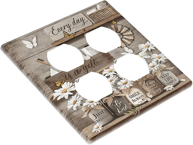 Rustic Daisy Flower Butterfly Inspirational Cottage Outlet Covers 2 Gang Double Duplex Decorative Light Switch Covers Electrical Wallplates Socket Faceplate for Farmhouse Bedroom Decor