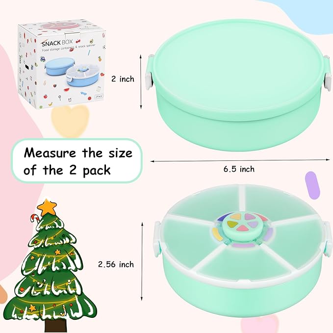 JOOPETALK Kids' Rotating Snack Container Set – 2-Pack, Includes 1 Rotating Snack Container & 1 Round Sectioned Snack Box, BPA-Free, Dishwasher Safe, Perfect for Travel-Green