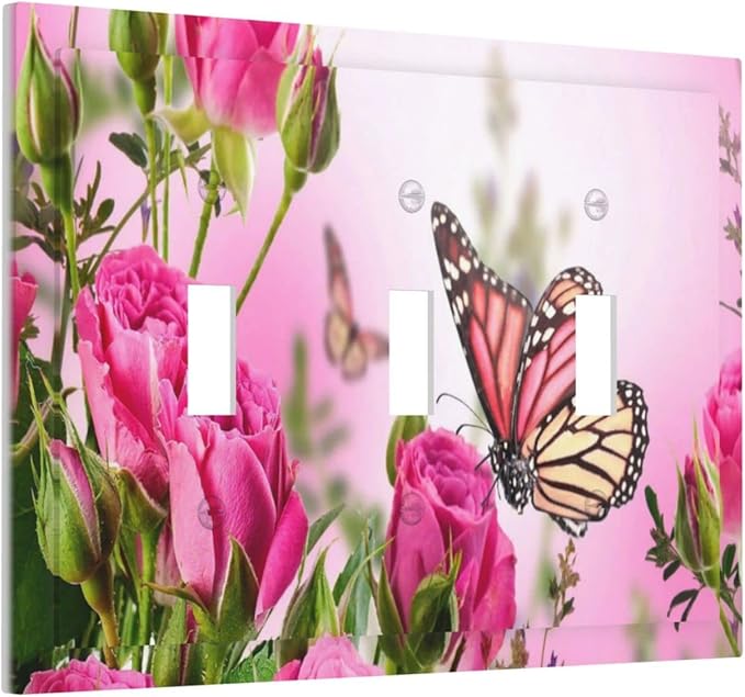Vintage Pink Wildflower Flower Butterfly Farmhouse Botanical Triple Toggle Light Switch Cover Decorative 3 Gang Wall Plate Switchplate Home Faceplate Rose Butterfly Rustic Barn Kitchen Bathroom Decor