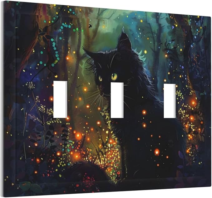 Light Switch Cover Plate Magic Fantasy Forest Mysterious Black Cat 3 Gang Triple Toggle Decorative Switch Plates Wall Plates Electrical Switchplate Faceplate for Kid Room Bathroom Decor