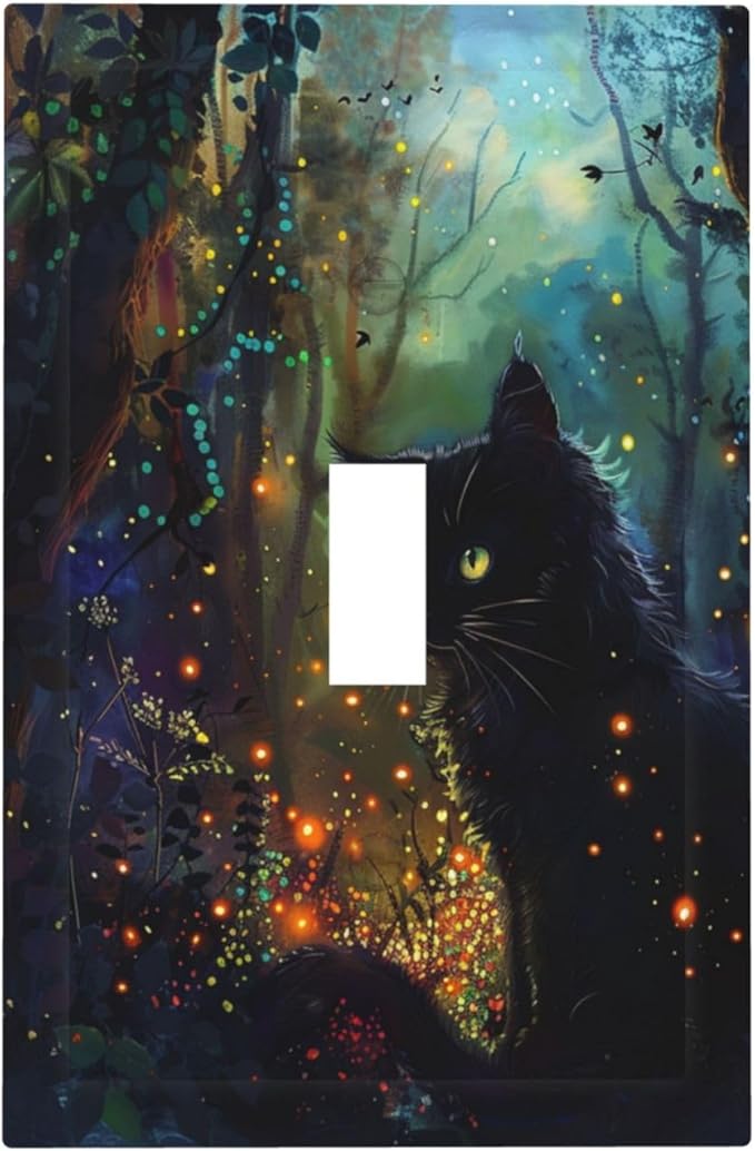 Light Switch Cover Plate Magic Fantasy Forest Mysterious Black Cat 1 Gang Single Toggle Decorative Switch Plates Wall Plates Electrical Faceplate for Kid Room Bathroom Decor