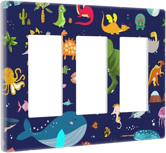 Cartoon Funny Cool Green Dinosaur 3-Gang Rocker/Decorator Wall Plate Blue Sea Ocean Dolphin Marine Decorative Screwless Triple Device Light Receptacle GFCI Outlet Switch Faceplate Cover Dimmer
