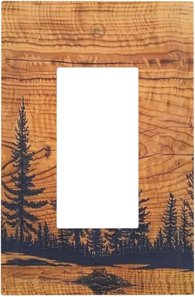 Pine Tree Forest Woodland Woods 1 Gang Single Decorator Receptacle Wall Plate Vintage Rustic Country Lodge Wooden Style Rocker/GFCI Device Light Switches Face Plug Cover Plate for Dimmers, USB Outlet