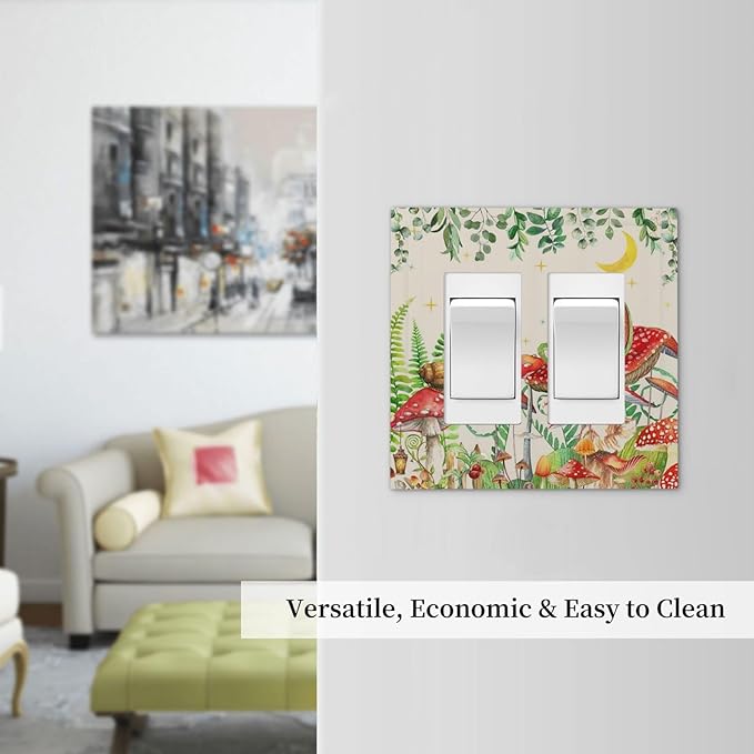 Decorative Outlet Covers Boho Mushrooms Frogs Butterflies Flowers Moon Stars 2 Gang Double GFCI Rocker Electrical Wall Panels Light Switch Cover Plate for Kids room Bedroom Decor