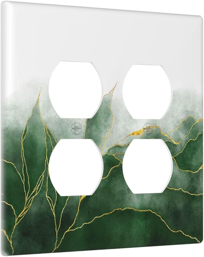 Decorative Light Switch Cover Plate Green Gold Leaf Marble Modern Abstract 2 Gang Decorative Switch Plates 1 Toggle Duplex Combo Outlet Covers GFCI Plug Covers Wallplates for Kitchen Bathroom Decor