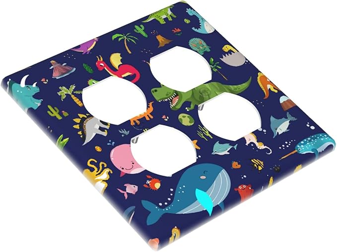 Cartoon Nursery Animal Whale Dolphin Starfish 2-Gang Device Duplex Wall Plate, Funny Cool Blue/Green Dinosaur Decorative Two Gang Double Duplex Receptacle Socket Outlet and Light Switch Cover Plate