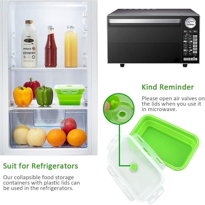 Alimat PluS 27oz Collapsible Food Storage Containers with Lids, 3 Pack Set 800ml Silicone Food Storage Containers, Green Collapsible Food Storage for Kitchen and Outdoor Activities