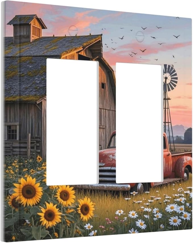 Rustic Barn Red Truck Windmill Sunflower Decorative Outlet Covers 2 Gang Double GFCI Rocker Electrical Wall Panels Light Switch Cover Plate for Farmhouse Home Decor