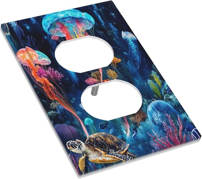 Jellyfish Sea Turtle Fantasy Ocean Coral Underwater World Outlet Covers 1 Gang Duplex Light Switch Cover Decorative Switch Plates Electrical Receptacle Faceplate Wall Plate for Nursery Kids Room Decor