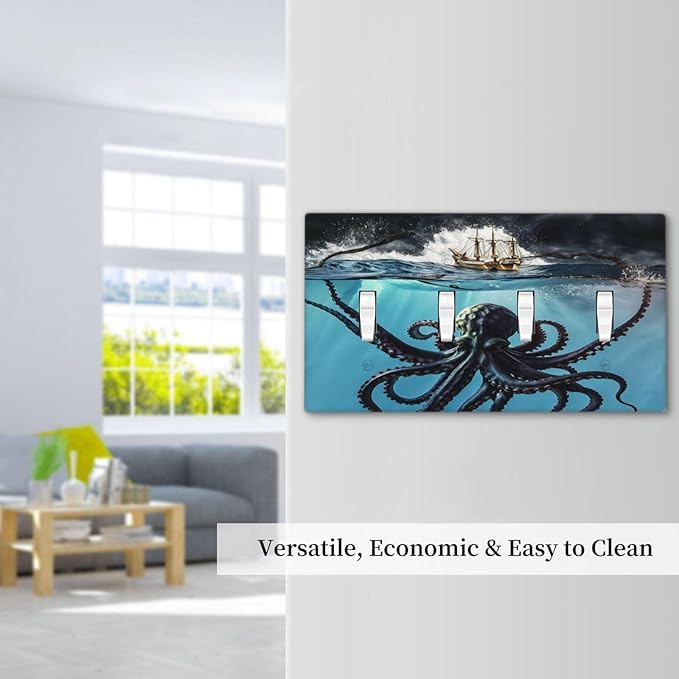 Light Switch Cover Plate Black Ocean Nautical Octopus Ship Funny Kraken 4 Gang Switch Plate Covers Quad Toggle Wall Plates Decorative Switchplate Electrical Faceplate for Bathroom Home Decor
