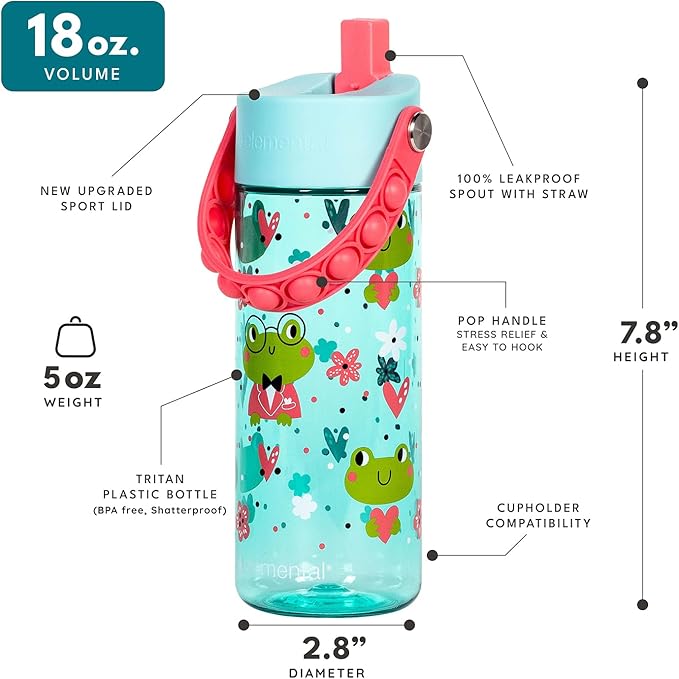 Elemental Water Bottles for Kids - Splash Kids Water Bottle for School with Pop-it Handle - BPA Free Tritan Plastic Water Bottle with Straw Leak Proof when Spout is Closed - Fancy Frog - 18oz