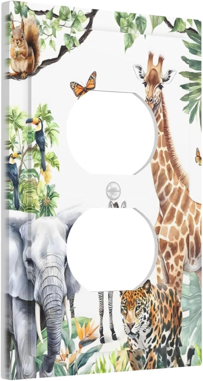 Elephant Giraffe Jungle Animals Leopard Zoo Outlet Covers 1 Gang Duplex Light Switch Cover Decorative Switch Plates Electrical Receptacle Faceplate Wall Plate for Kids Room Nursery Decor