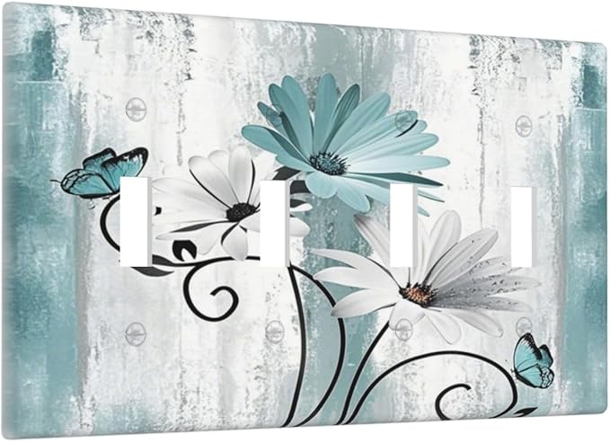 Light Switch Cover Plate Teal Daisy Floral Butterfly Vintage Wood 4 Gang Quad Toggle Decorative Switch Plates Wall Panels Electrical Wall Plates Faceplate for Bathroom Bedroom Decor