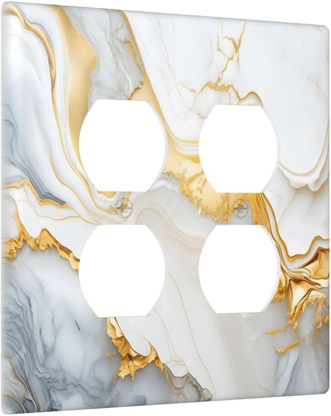 Exquisite White Gold Marble Abstract Luxurious Print Outlet Covers 2 Gang Double Duplex Decorative Light Switch Covers Electrical Wallplates Socket Faceplate for Bathroom Kitchen Decor