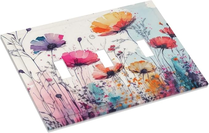 Light Switch Cover Plate Abstract Floral watercolor flowers 3 Gang Wall Plate Triple Toggle Wildflower Switch Covers Decorative Outlet Covers Electrical Switchplate for Bathroom Home Decor