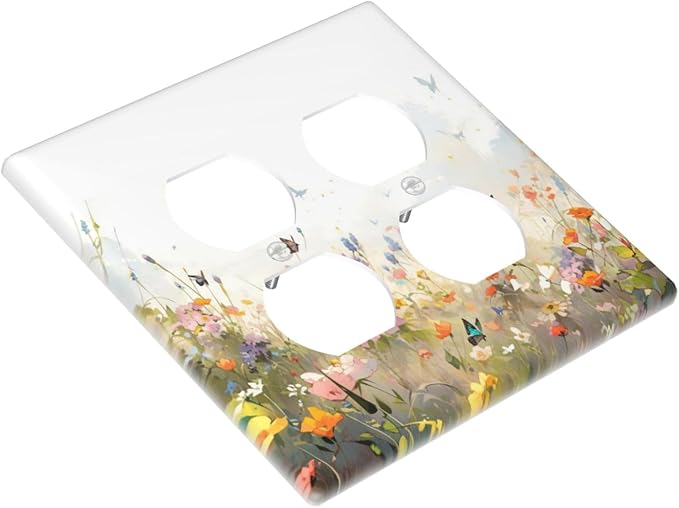 Wildflowers Watercolor Floral Colorful Butterfly Outlet Covers 2 Gang Double Duplex Decorative Light Switch Covers Electrical Wallplates Socket Faceplate for Farmhouse Bed Room Decor