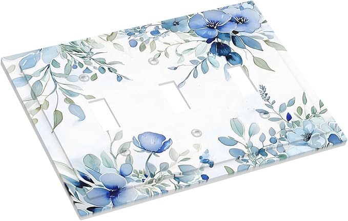 Watercolor Blue Flower Plant Floral Green Leaves Decorative Switch Plates 3 Gang Wall Plate Triple Toggle Light Switch Cover Faceplate Electrical Wall Panels for Bedroom Living Room Decor