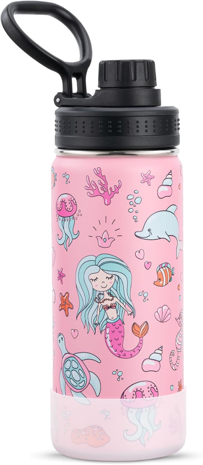 16 oz Stainless Steel Vacuum Insulated Wide Mouth Sports Water Bottle for Back to School-Reusable Metal Water Bottle Flask for Girls-Mermaid