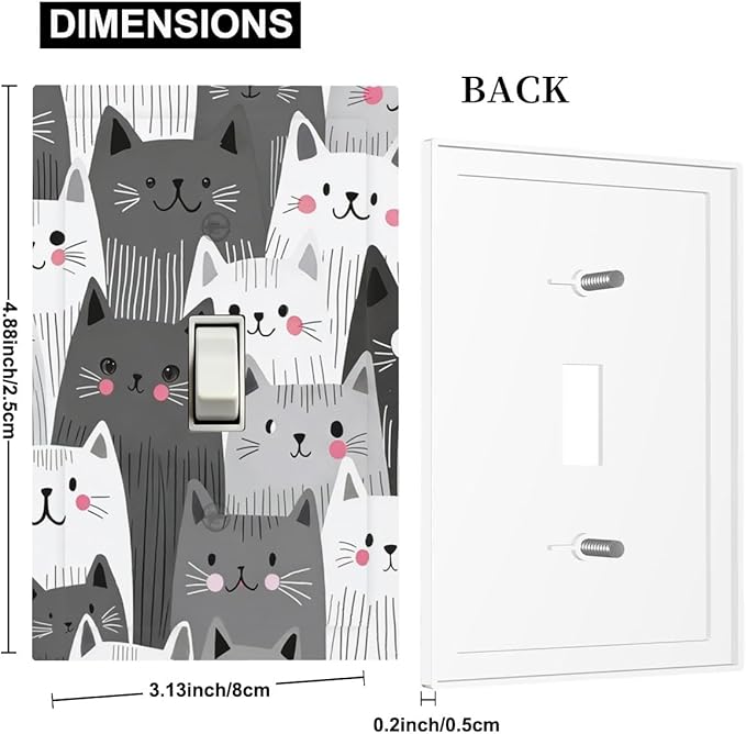 Cute Monochrome Cats 1-Gang Toggle Light Switch Plate, Funny Cat Decorative Wall Plate for Kids Bedroom
