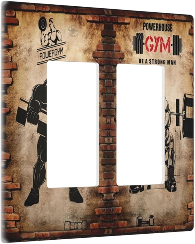 Vintage Gym Retro Brick Dumbbell Muscular Man Double Rocker Wall Plates 2 Gang Light Switch Cover Decorative GFCI Electrical Switchplate Dimmer for Bedroom Boyroom Bathroom Decor