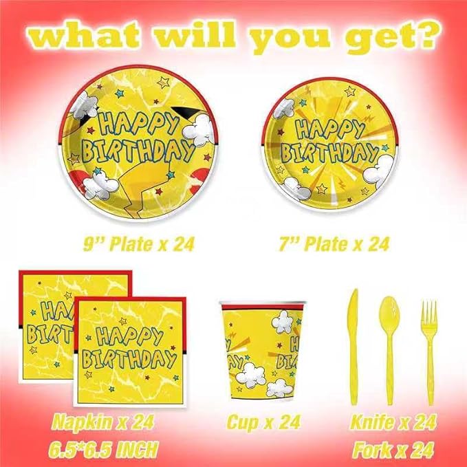 Cartoon Yellow Animal Party Supplies for 24 Guests, Anime Cartoon Celebration Party Decorations Disposable Tableware Set With Plates, Cups, Napkins & Cutlery For Kids Child Themed Birthday Celebration