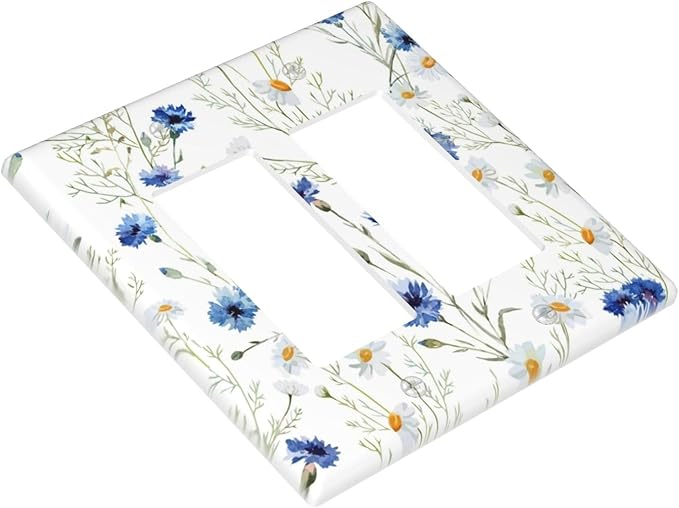 Decorative Outlet Covers Watercolor Daisy Blue Floral Vintage Plant 2 Gang Double Rocker Light Switch Cover Decorative Switch plates Electrical Wallplate GFCI Receptacle for Bedroom Home Decor