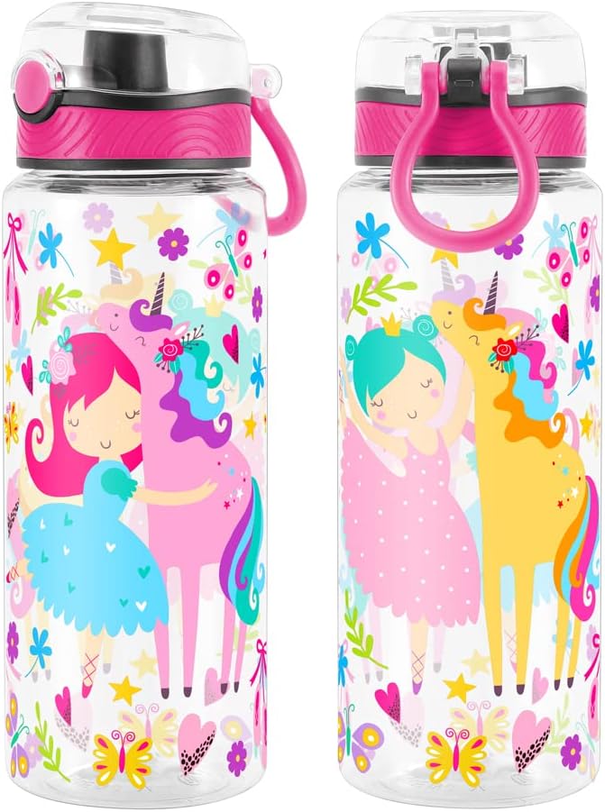 Home Tune Cute Water Bottle for School Kids Girls, BPA FREE Tritan & Leak Proof & Easy Clean & Carry Handle, 23oz/ 680ml - Girl & Unicorn