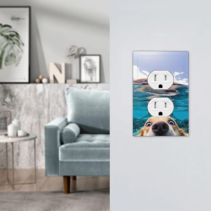 Decorative Outlet Covers Angry Shark Chased Funny Dog Underwater Sea 1 Gang Wall Plate Receptacle Duplex Light Switch Cover Plate Single Dual Plug Covers Electrical Switchplate