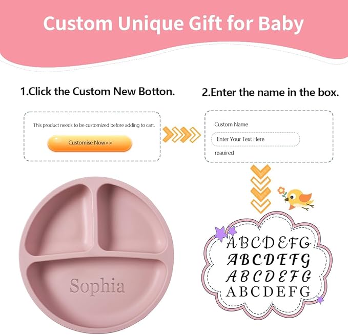 Personalized Silicone Suction Plates for Baby，Custom Toddlers Spoon and Fork, Baby Feeding Set with Name,Baby Birthday Gift for Boy & Girl