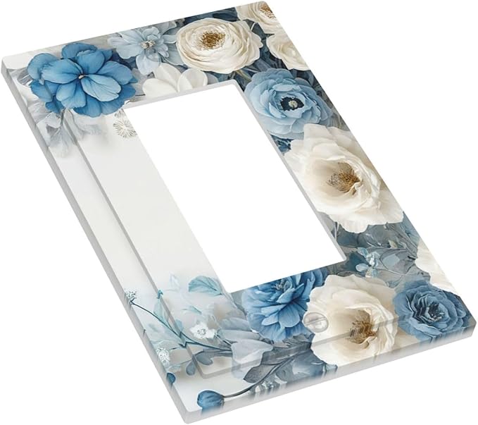 Decorative Outlet Covers Blue Rose White Flowers Rustic Floral 1 Gang Single Decora GFCI Device Light Switch Covers Plate 1 Rocker Wall Plate Jumbo Face Plate for Bedroom Decor