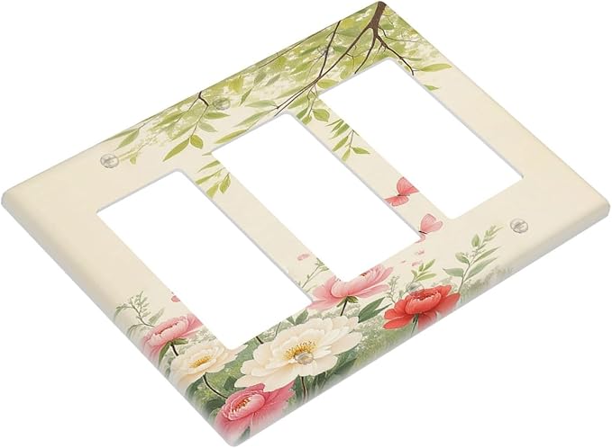 Light Switch Covers Garden Flowers Green Leaves And Butterflies 3 Gang Rocker Electrical GFCI Decorative Triple Outlet Wall Plate Cover Switchplate for Bedroom Cabin Decor