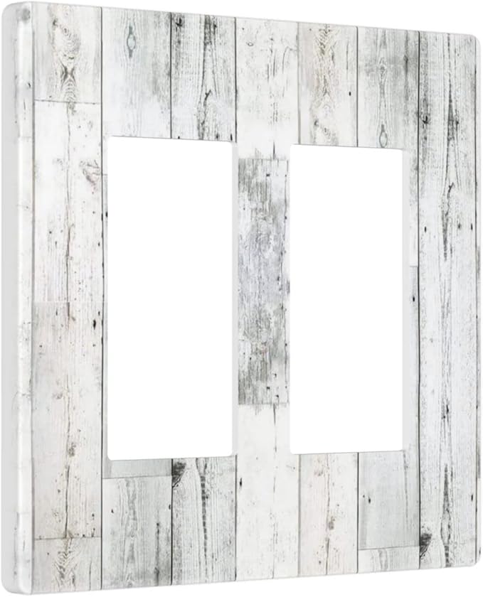 Grey White Wood 2 Gang Double Rocker/Decor Light Switch Cover Decorative Outlet Wall Plate Electrical Faceplate Home Bedroom Art Panel Decor Screwless 4.7" x 4.6