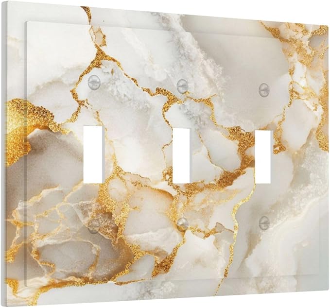 Gold Marble Crack Simple Abstract Print Decorative Switch Plates 3 Gang Wall Plate Triple Toggle Light Switch Cover Faceplate Electrical Wall Panels for Bathroom Kitchen Home Decor