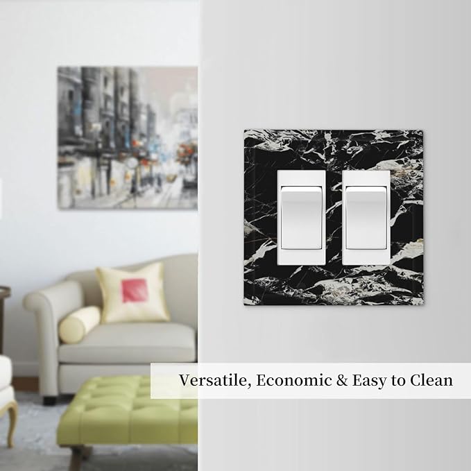 Black Marble Patterns Low Key Luxurious Decorative Outlet Covers 2 Gang Double GFCI Rocker Electrical Wall Panels Light Switch Cover Plate for Bathroom Kitchen Decor