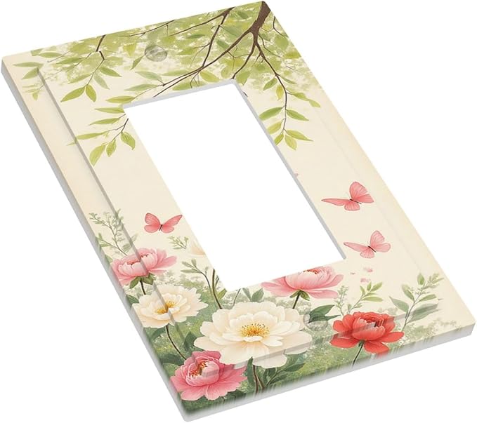 Decorative Outlet Covers Garden Flowers Green Leaves And Butterflies 1 Gang Single Rocker Light Switch Cover Plate Wall Plates GFCI Faceplate for Bedroom Cabin Decor
