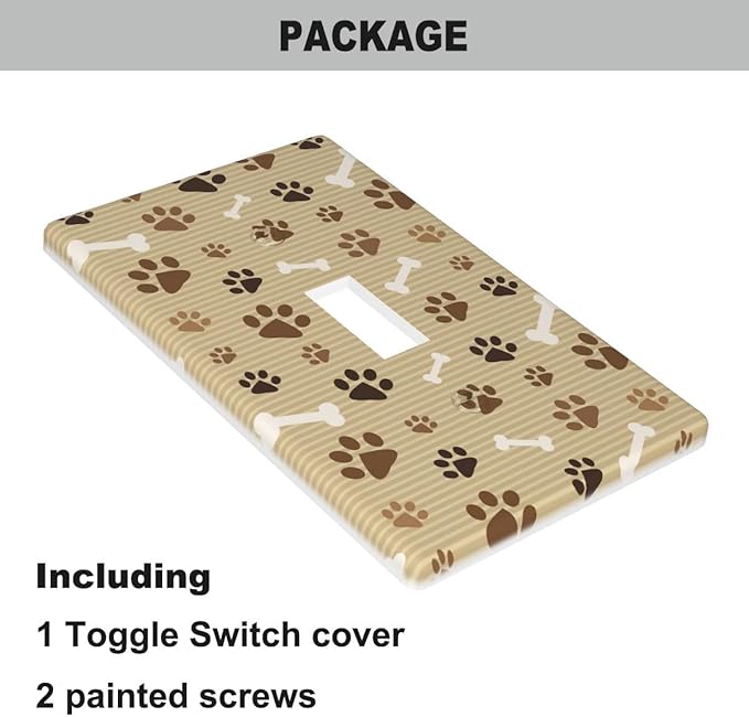 Paw Print Brown Light Switch Cover Dog Bone and Paw Cute Single Toggle Wall Plate 1 Gang Switchplate Home Decor for Bedroom Bathroom 4.5"x 2.76"