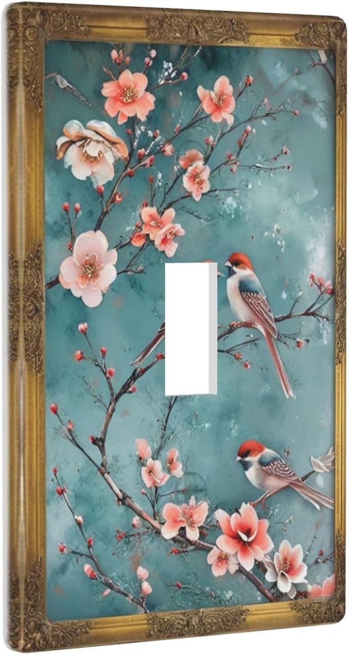 Decorative Art Light Switch Covers Vintage Chinoiserie Oriental - Teal Birds and Floral Branch Single Toggle Wall Plate Decorative Switchcover Electrical Switchplate for Home Decor