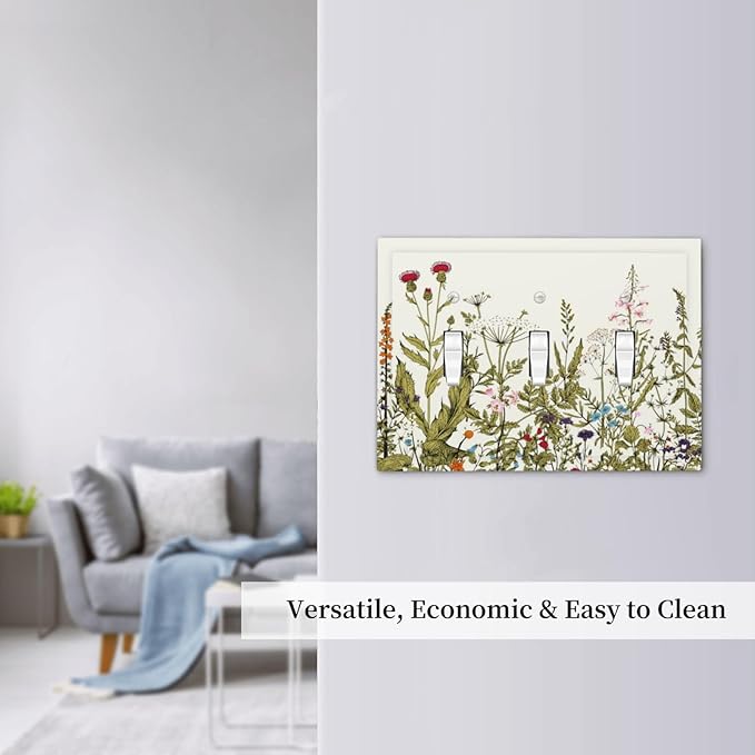 Country Vintage Wild Flowers Floral 3 Gang Light Switch Plate Decorative Triple Toggle Wall Plate Cover Electrical Faceplate Switch Face Plate