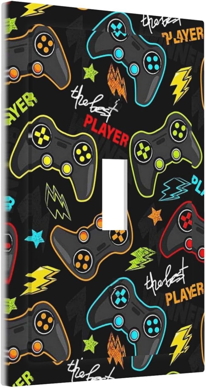 Funny Graffiti Video Games Controller Gaming Gamer Teen Kids Boys Gamepad 1 Gang Single Toggle Outlet Light Switch Wall Plate Outlet Cover Electrical Faceplate Decorative Switchplate Playroom Decor