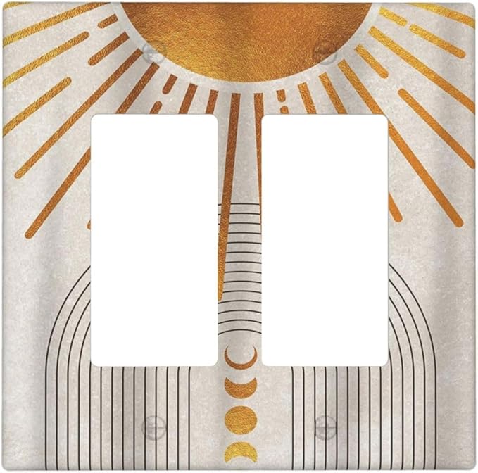 Mid Century Gold Sun Abstract Arch Boho Moon 2 Gang Rocker Decora Light Switch Covers Decorative Unique Dual Outlet Covers Wall Plate Electrical Faceplate Switchplate GFCI for Bedroom Bathroom Decor