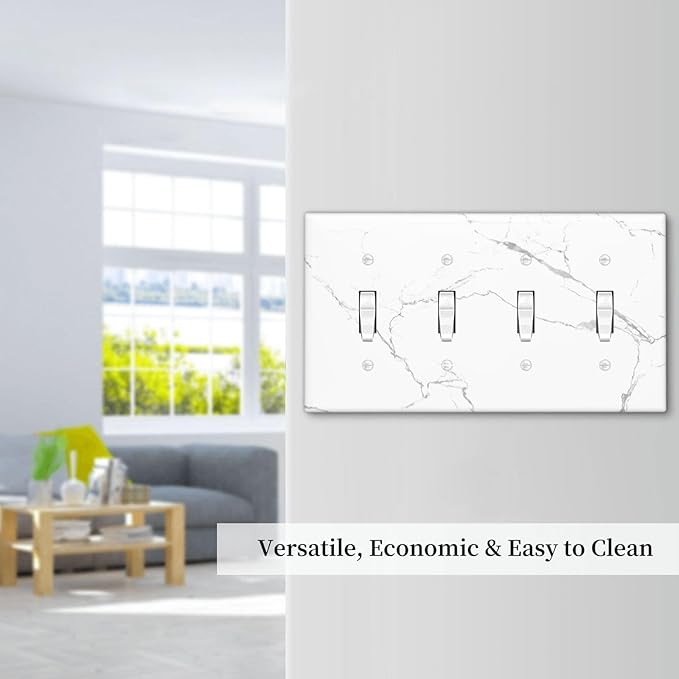 Luxurious White Marble Abstract Print Light Switch Covers Quad Toggle Electrical Faceplate 4 Gang Wall Plate Decorative Switch Plates Cover for Bathroom Kitchen Bedroom Decor
