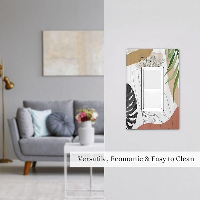 Mid Century Abstract Women Lady Boho Palm Leaf 1 Gang Rocker Light Switch Covers Decorative Unique Single Decora Outlet Wall Plate Faceplate Switchplate GFCI for Bedroom Bathroom Decor