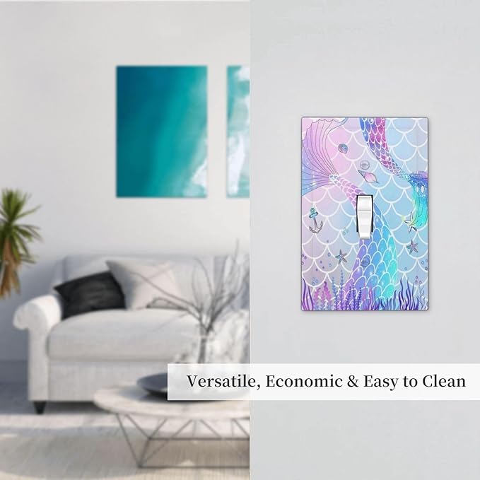 Girls Kids Purple Pink Mermaid Scales 1-Gang Sing Toggle Outlet Light Switch Cover Wall Plate Colorful Cute Conch Coral Ocean Theme Decorative Face Plate Electrical Receptacle Cover Jumbo Size