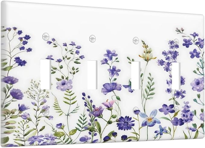 Lavender Wildflowers Purple Flowers Plant Floral Light Switch Covers Quad Toggle Electrical Faceplate 4 Gang Wall Plate Decorative Switch Plates Cover for Bedroom Living Room Decor