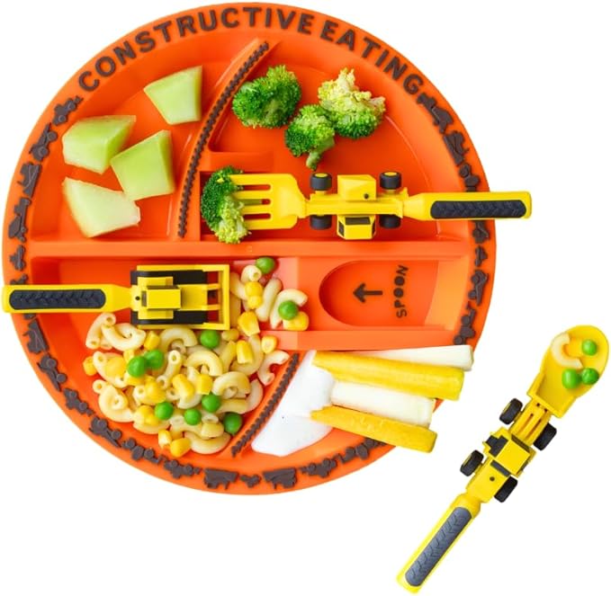 Constructive Eating Plate and Utensils Set - USA-Made Toddler Dinnerware with Divided Plates (Construction)