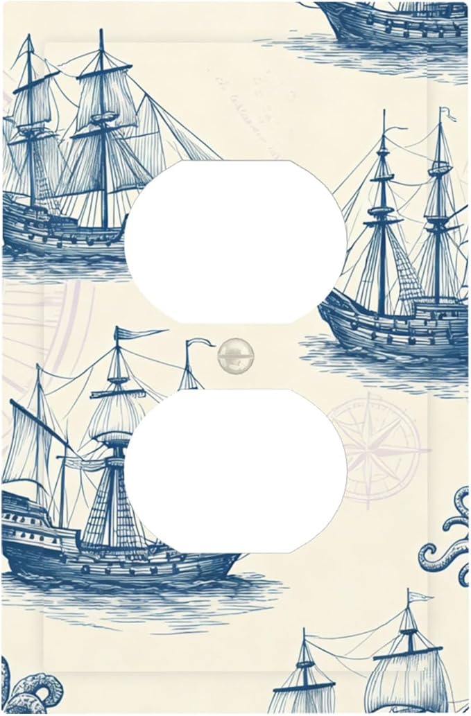 Vintage Nautical Ships Duplex Wall Plate - 1-Gang Standard US Size Old World Sailing Vessels Outlet Covers, Blueprint Design for Beach House Decor