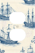 Vintage Nautical Ships Duplex Wall Plate - 1-Gang Standard US Size Old World Sailing Vessels Outlet Covers, Blueprint Design for Beach House Decor