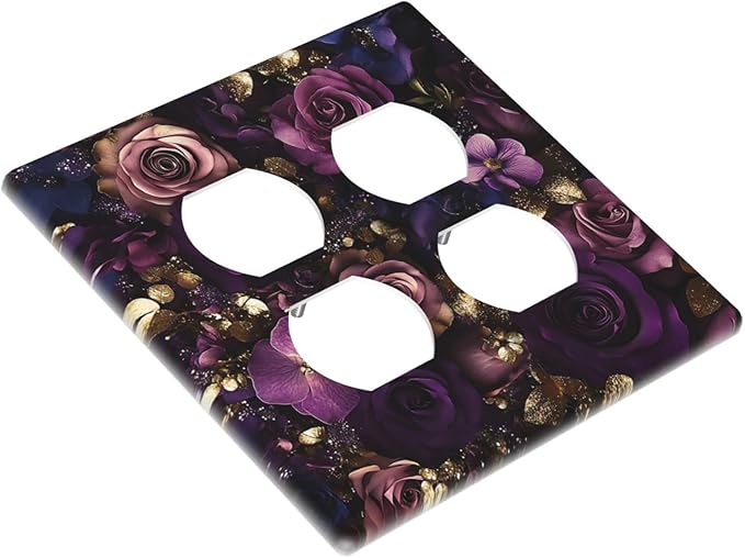 Decorative Outlet Covers with Luxurious Purple Roses Gold Accents Leaves Design 2 Gang Wall Plate Double Duplex Receptacle Light Switch Cover Switch Plate Cover for Bedroom/Living Room Decor