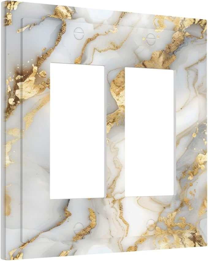 Luxurious White Gold Marble Patterns Abstract Decorative Outlet Covers 2 Gang Double GFCI Rocker Electrical Wall Panels Light Switch Cover Plate for Bathroom Kitchen Decor